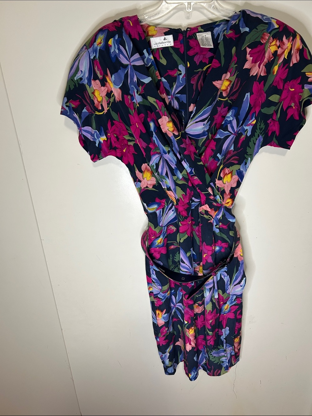 Vintage Silk Liz Claiborne Navy Floral Wrap Dress with Purple and Pink Flowers